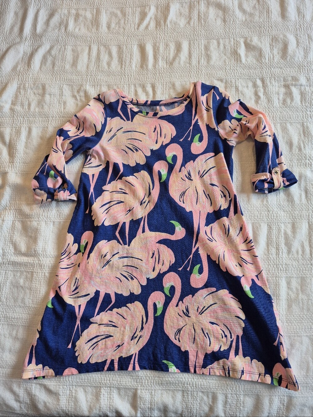 Lilly Pulitzer girls M or 6-7 Gimme Some Leg flamingo print on a navy blue GUC